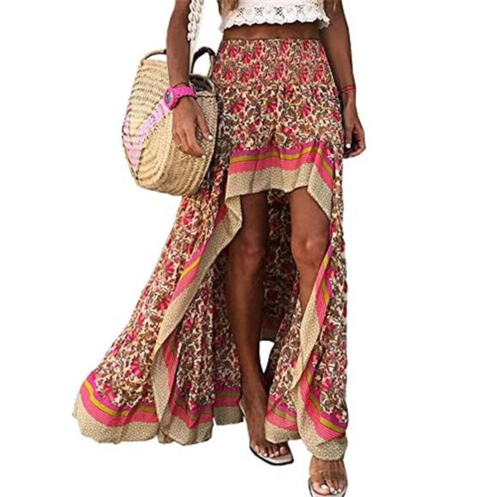 Boho Floral Pink  Maxi Skirt Elastic Waist Spring Summer Women Long Skirt